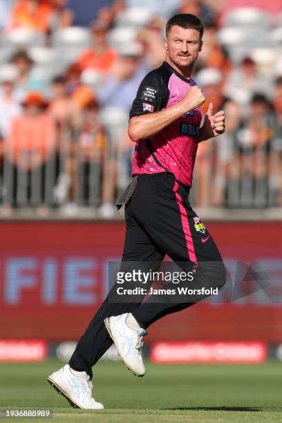 Jackson Bird of the Sixers celebrates his wicket during the BBL match between Perth Scorchers and Sydney Sixers at Optus Stadium, on January 16 in...