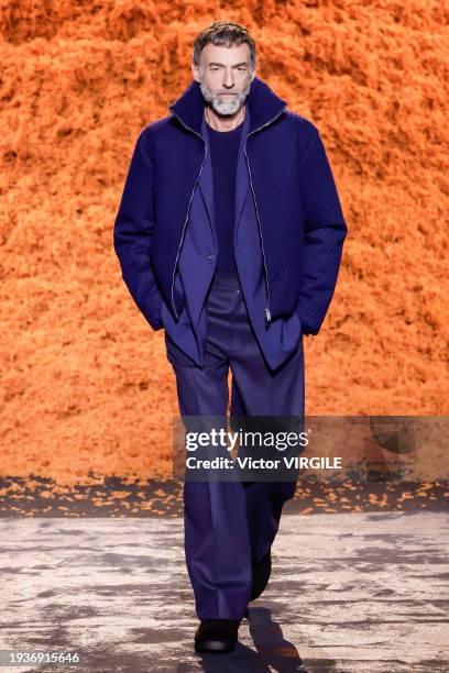 Model walks the runway during the Zegna Ready to Wear Fall/Winter 2024-2025 fashion show as part of the Milan Men Fashion Week on January 15, 2024 in...
