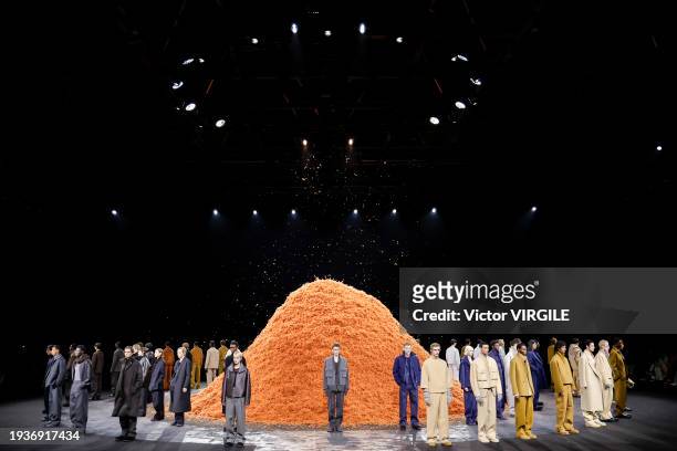 Model walks the runway during the Zegna Ready to Wear Fall/Winter 2024-2025 fashion show as part of the Milan Men Fashion Week on January 15, 2024 in...