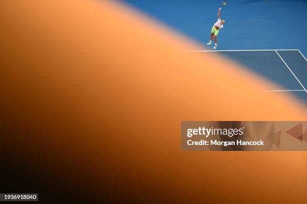 Alexander Zverev of Germany serves in their round one singles match against Dominik Koepfer of Germany during the 2024 Australian Open at Melbourne...