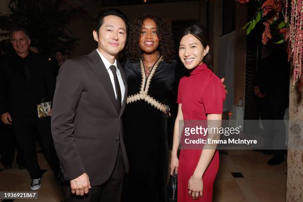 Steven Yeun, Kathryn Busby and Joana Pak attend the 2024 Netflix Primetime Emmys after party on January 15, 2024 in Los Angeles, California.