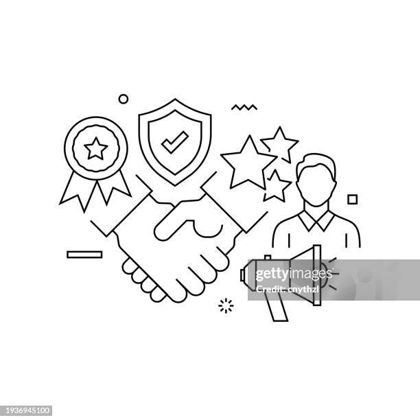 reputation management related design with line icons. simple outline symbol icons. business, core values, ethics, communication, advice. - adulation stock illustrations