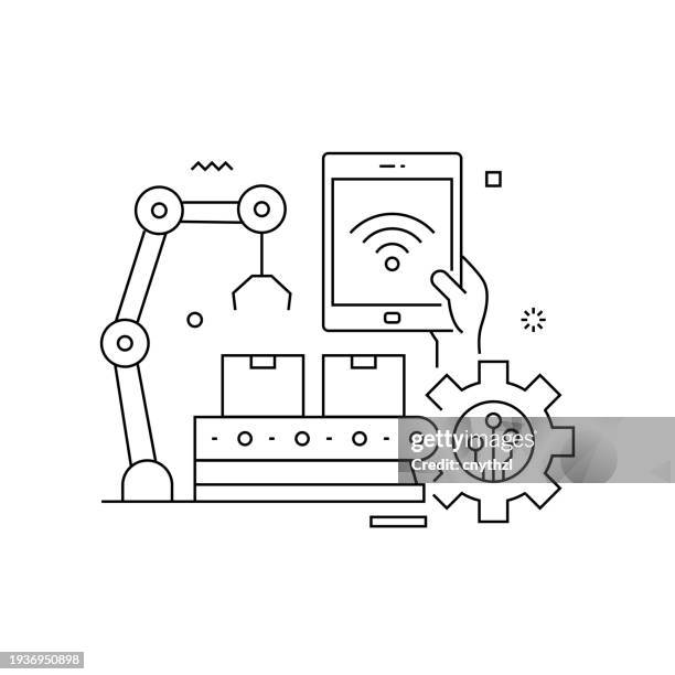 illustrations, cliparts, dessins animés et icônes de conception intelligente liée à l’industrie avec des icônes de ligne. icônes de symbole de contour simple. technologie, internet des objets, connexion, automatisé. - outil de production