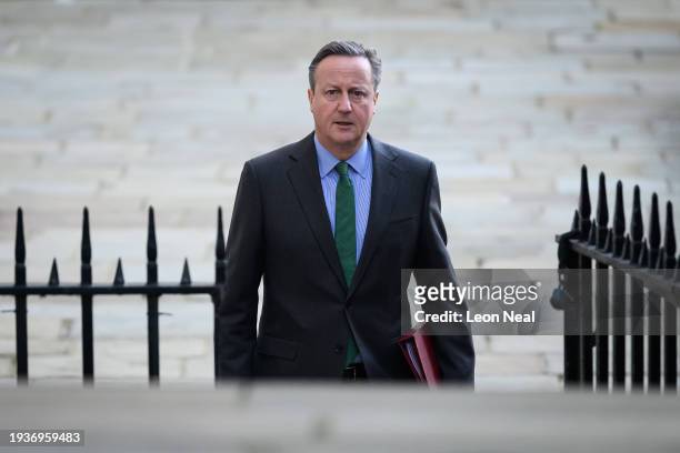 Foreign Secretary David Cameron arrives in Downing Street, ahead of the weekly Cabinet meeting on January 16, 2024 in London, England.