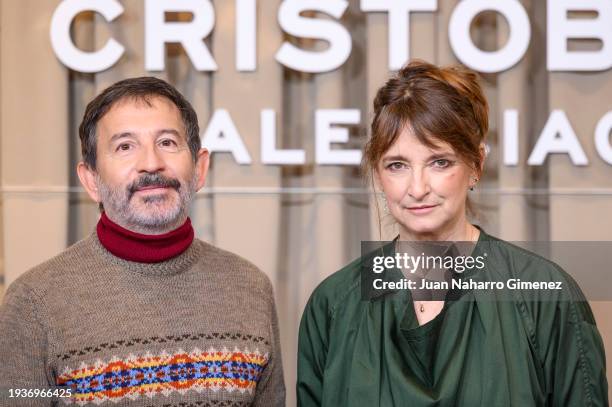 Pepo Ruiz and Bina Daigeler attend the 'Cristobal Balenciaga' photocall at Hotel Four Seasons on January 16, 2024 in Madrid, Spain.