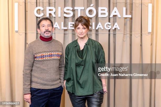 Pepo Ruiz and Bina Daigeler attend the 'Cristobal Balenciaga' photocall at Hotel Four Seasons on January 16, 2024 in Madrid, Spain.