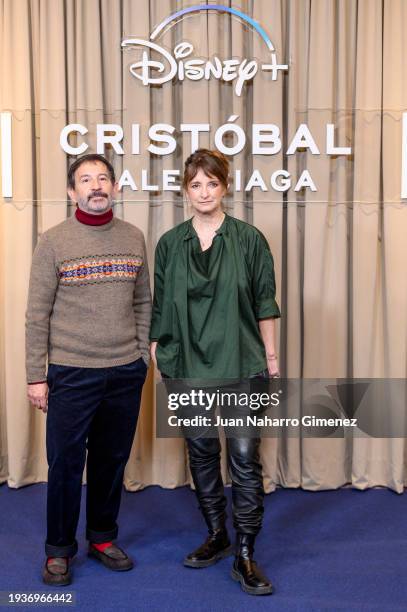 Pepo Ruiz and Bina Daigeler attend the 'Cristobal Balenciaga' photocall at Hotel Four Seasons on January 16, 2024 in Madrid, Spain.