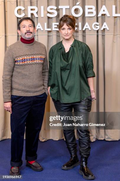 Pepo Ruiz and Bina Daigeler attend the 'Cristobal Balenciaga' photocall at Hotel Four Seasons on January 16, 2024 in Madrid, Spain.