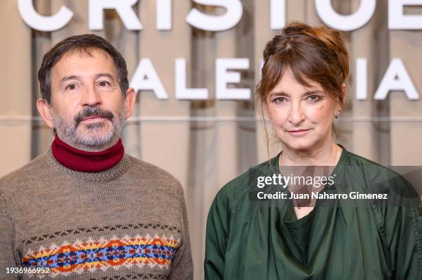 Pepo Ruiz and Bina Daigeler attend the 'Cristobal Balenciaga' photocall at Hotel Four Seasons on January 16, 2024 in Madrid, Spain.