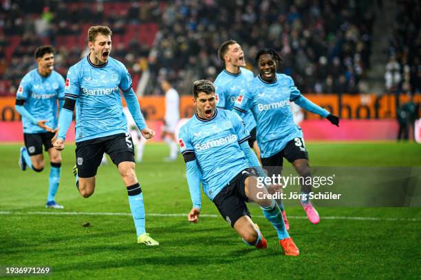 Piero Hincapie, Josip Stanisic, Exequiel Palacios, Florian Wirtz, Jeremie Frimpong celebrating their teams winning goal during the Bundesliga match...