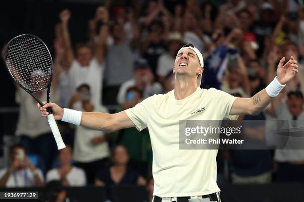 Thanasi Kokkinakis of Australia celebrates match point in their round one singles match against Sebastian Ofner of Austria during the 2024 Australian...