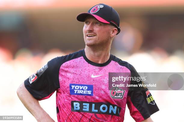 Jackson Bird of the Sixers looks to the crowd during the BBL match between Perth Scorchers and Sydney Sixers at Optus Stadium, on January 16 in...