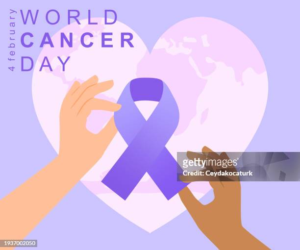 ilustrações de stock, clip art, desenhos animados e ícones de concept of 4 february world cancer day. two different hands holding cancer ribbon with heart shaped globe in background. - annual global charity day