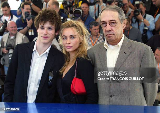 French actress Emmanuelle Beart, French actor Gaspard Ulliel and French director Andre Techine pose for photographers on a terrace of the Palais des...