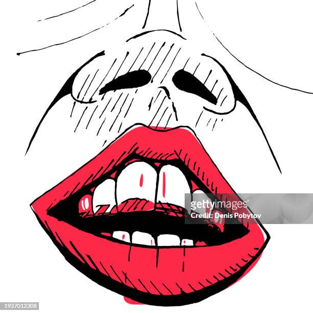 hand drawn sketch of a smile with teeth and red lips - red lipstick stock illustrations