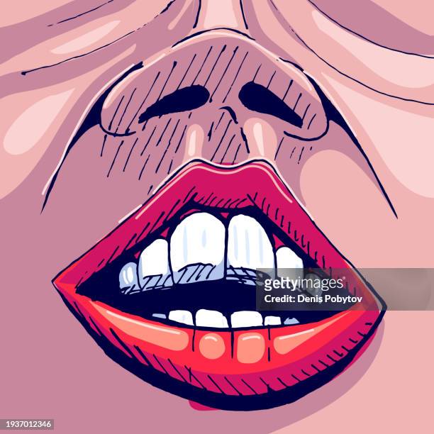 illustrazioni stock, clip art, cartoni animati e icone di tendenza di schizzo disegnato a mano di un sorriso con denti e labbra rosse - rossetto rosso