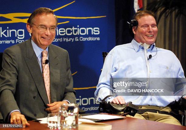 Quadraplegic movie star Christopher Reeves shares a light moment with the Premier of New South Wales Bob Carr in Sydney, 24 January 2003. Reeves has...