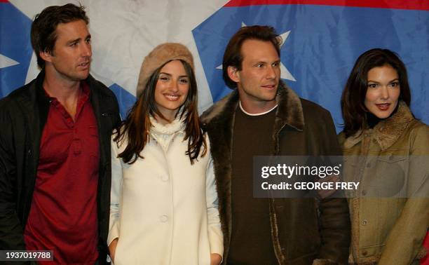 Actors Luke Wilson , Penelope Cruz , Christian Slater , and Laura Elena Harring pose for photos before the premiere of their film "Masked and...