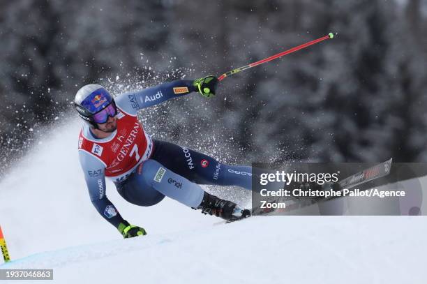 Dominik Paris of Team Italy in action during the Audi FIS Alpine Ski World Cup Men's Downhill on January 19, 2024 in Kitzbuehel, Austria.