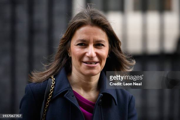 Culture Secretary Lucy Frazer leaves number 10, Downing Street, following the weekly Cabinet meeting on January 16, 2024 in London, England.