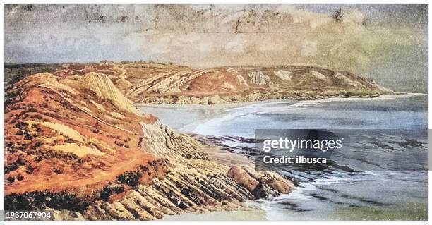 antique photo of paintings: whiteshell point, caswell bay (limestone) - scenery stock illustrations