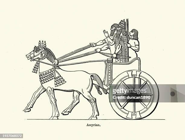 ancient assyrian war chariot, warriors armed with bow, history of warfare - sumerian art stock illustrations