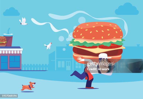 stockillustraties, clipart, cartoons en iconen met cheerful waiter carrying big hamburger on back - big bird