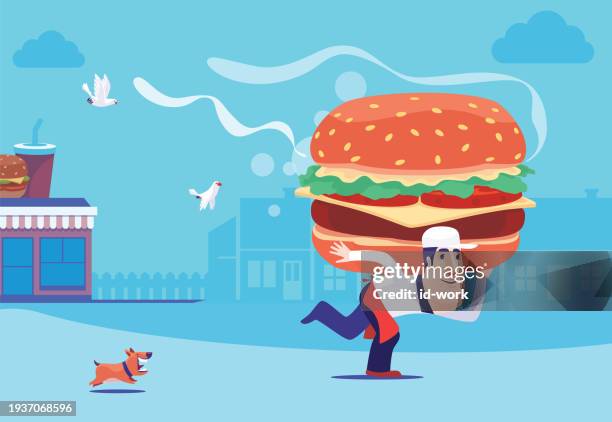 cheerful waiter carrying big hamburger on back - man ready to eat stock illustrations