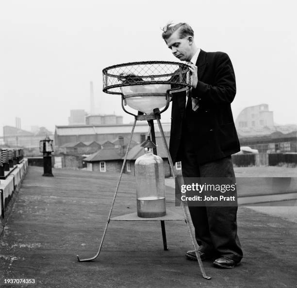 Rooftop deposit gauge installed to measure the amount of solid matter in London's atmosphere at the Fuel Research Station in Greenwich, London,...