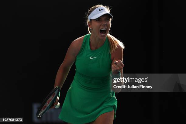 Katie Boulter of Great Britain celebrates in their round one singles match against Yue Yuan of China during the 2024 Australian Open at Melbourne...