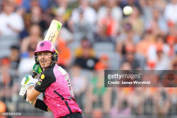 Daniel Hughes of the Sixers plays a late cut shot during the BBL match between Perth Scorchers and Sydney Sixers at Optus Stadium, on January 16 in...