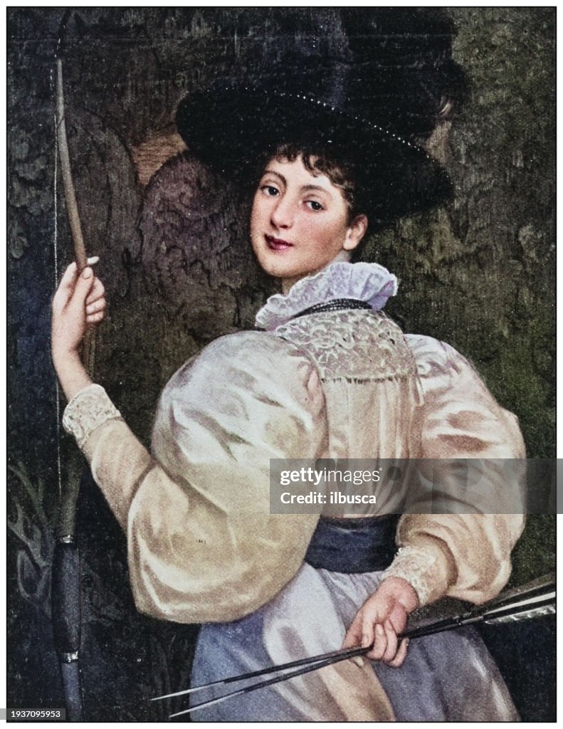 Antique photo of paintings: Woman archer