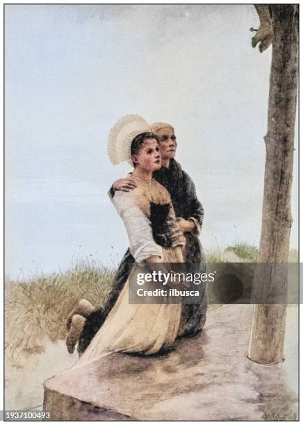 antique photo of paintings: praying for iceland fisherman - icelandic woman stock illustrations