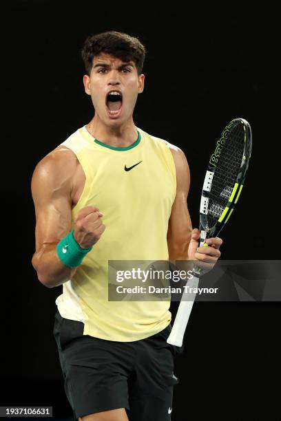 Carlos Alcaraz of Spain celebrates winning set point in their first round match against Richard Gasquet of France during the 2024 Australian Open at...