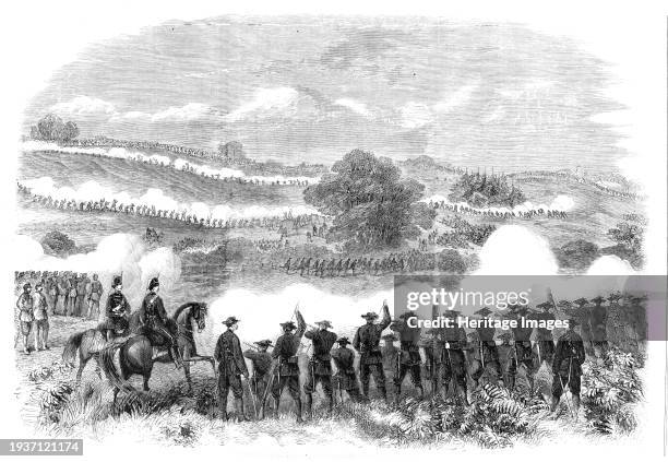 The Volunteer Sham Fight in Camden Park - second position of the attacking force, 1860. Fake 'miniature' battle by British soldiers in Kent. 'The...