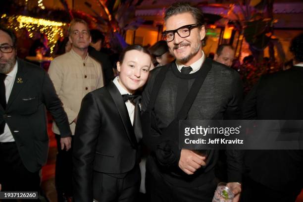Bella Ramsey and Pedro Pascal attend the HBO & Max Post Emmys Reception at San Vicente Bungalows on January 15, 2024 in West Hollywood, California.