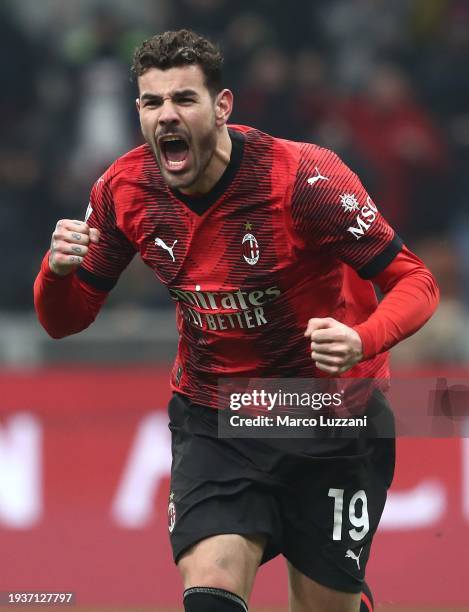 Theo Hernandez of AC Milan celebrates scoring their team's third goal during the Serie A TIM match between AC Milan and AS Roma - Serie A TIM at...