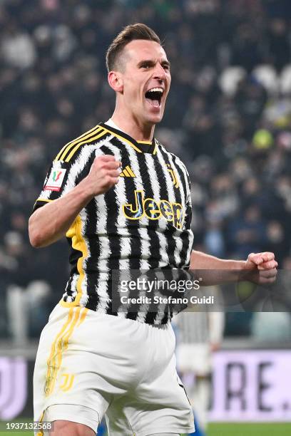 Arkadiusz Milik of Juventus FC celebrates a third goal during the match between Juventus FC v Frosinone Calcio: Quarter Final - Coppa Italia at...