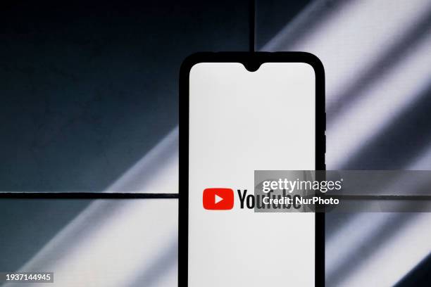 The YouTube logo is displayed on a smartphone screen in Athens, Greece, on January 19, 2024.