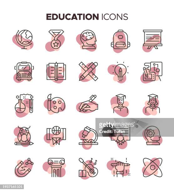 colorful education icon set - student in cap, diploma, certificate, university, high school - qualifying school stock illustrations