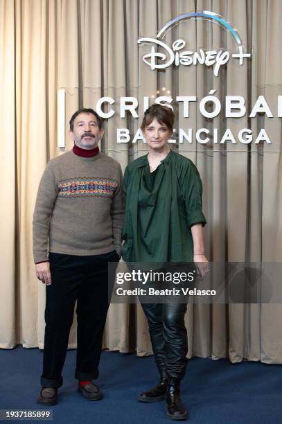 Pepo Ruiz and Bina Daigeler attend the 'Cristobal Balenciaga' photocall at Hotel Four Seasons on January 16, 2024 in Madrid, Spain.