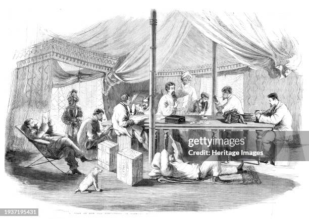 The War in China - tent of the 15th Punjaubees at Pehtang - from a sketch by our special artist, circa Wirgman, 1860. British officers and their...