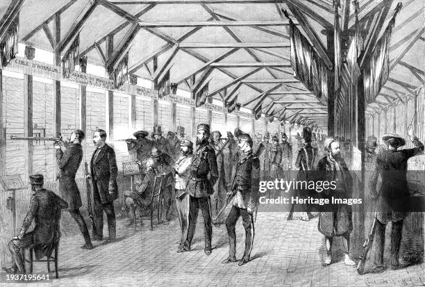 The recent Tir National at Vincennes, near Paris - from a drawing by J. A. Beaucé, 1860. 'The English volunteer and the British officer in undress,...