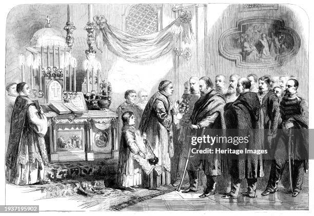 The Revolution in Naples - Garibaldi at the Shrine of the Virgin of Piedigrotta on the 8th September - from a sketch by T. Nast, 1860. 'On the day...