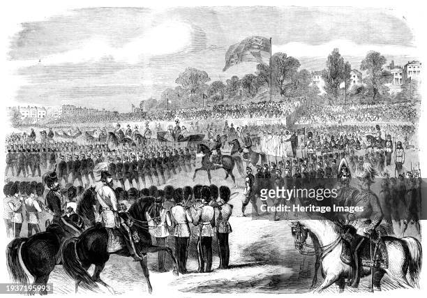 The Volunteer Review in Hyde Park, [London], 1860. 'The volunteers were formed in a line of battalions, in contiguous columns at quarter distance,...
