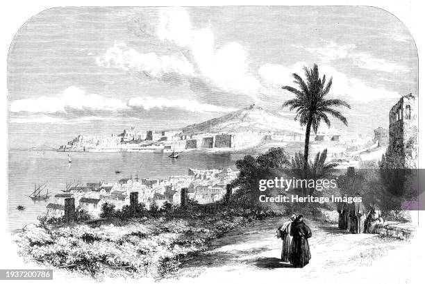 The Town and Castle of Gaeta, [Italy], - from a drawing by S. Read, 1860. 'Gaeta, a fortified town of 14,000 inhabitants...is situated in the Terra...