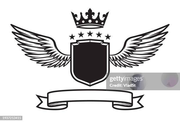 bildbanksillustrationer, clip art samt tecknat material och ikoner med shield with wings coat of arms winged emblem with royal crown - angel tattoos