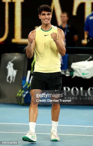 Carlos Alcaraz of Spain celebrates match point in their first round match against Richard Gasquet of France during the 2024 Australian Open at...