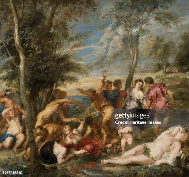 The Andrians, 1639. Alternative title: The Bacchanal of the Andrians. Scene on the island of Andros. A sleeping nymph and a urinating boy are seen in...