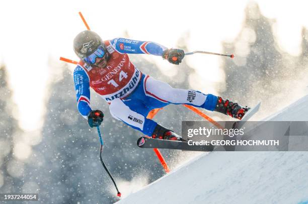 France's Cyprien Sarrazin competes during the men's downhill competition of the FIS ski alpine world cup in Kitzbuehel, Austria, on January 19, 2024....